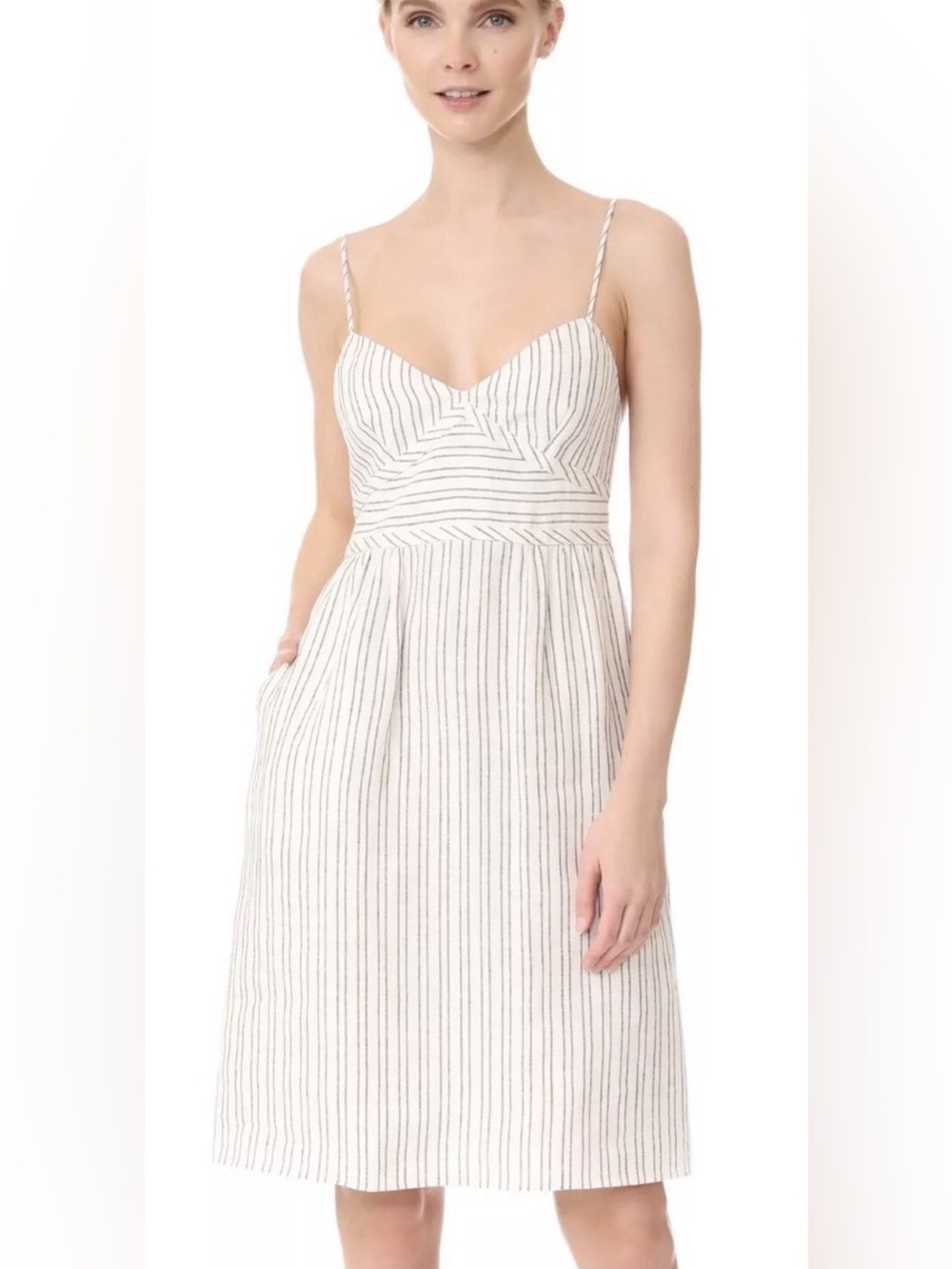 Theory Melaena B Striped Linen V-Neck Spaghetti Strap Dress - Size 8